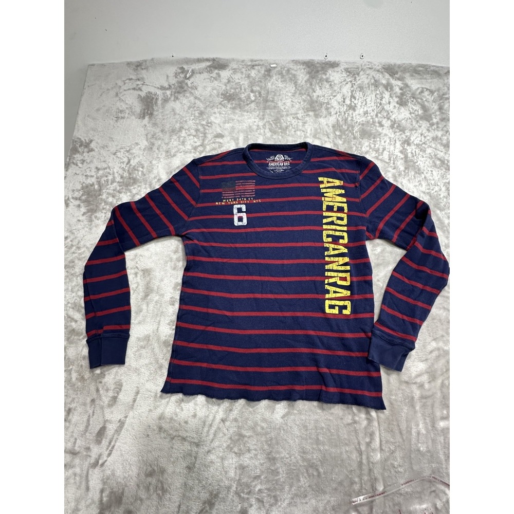 American Rag Thermal Shirt Men's Size Large Blue Red Striped Long Sleeve Crew